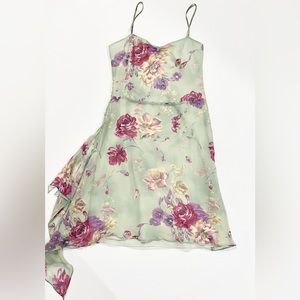 NWT Vintage 2000’s YIGAL AZROUEL Sage Floral Silk Chiffon MIDI Dress size 3 8/10